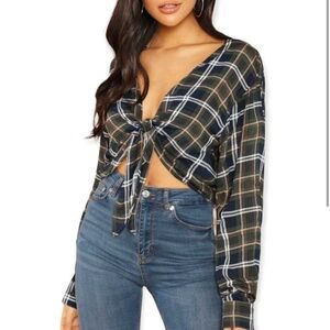 SHEIN Knot Front Plaid Crop Shirt​​‎